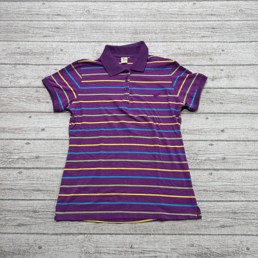 Hollister Polo Shirt Women's 2XL Purple Striped Slim Short Sleeve Cotton Preppy